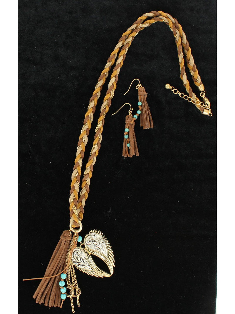 Ladies' Wings & Leather Fringe Braided Necklace Set