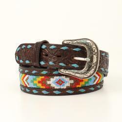 Nocona Ladies Belt 1 7/8 - 1 1/2 Buck Lacing Beaded Pattern Brown