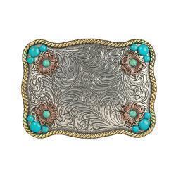 Nocona Ladies Rectangle Buckle Flower Accent Turquoise Stones