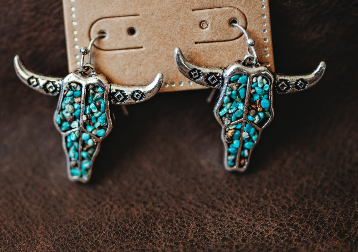 Chipped Turquoise Bull Skull Earrings