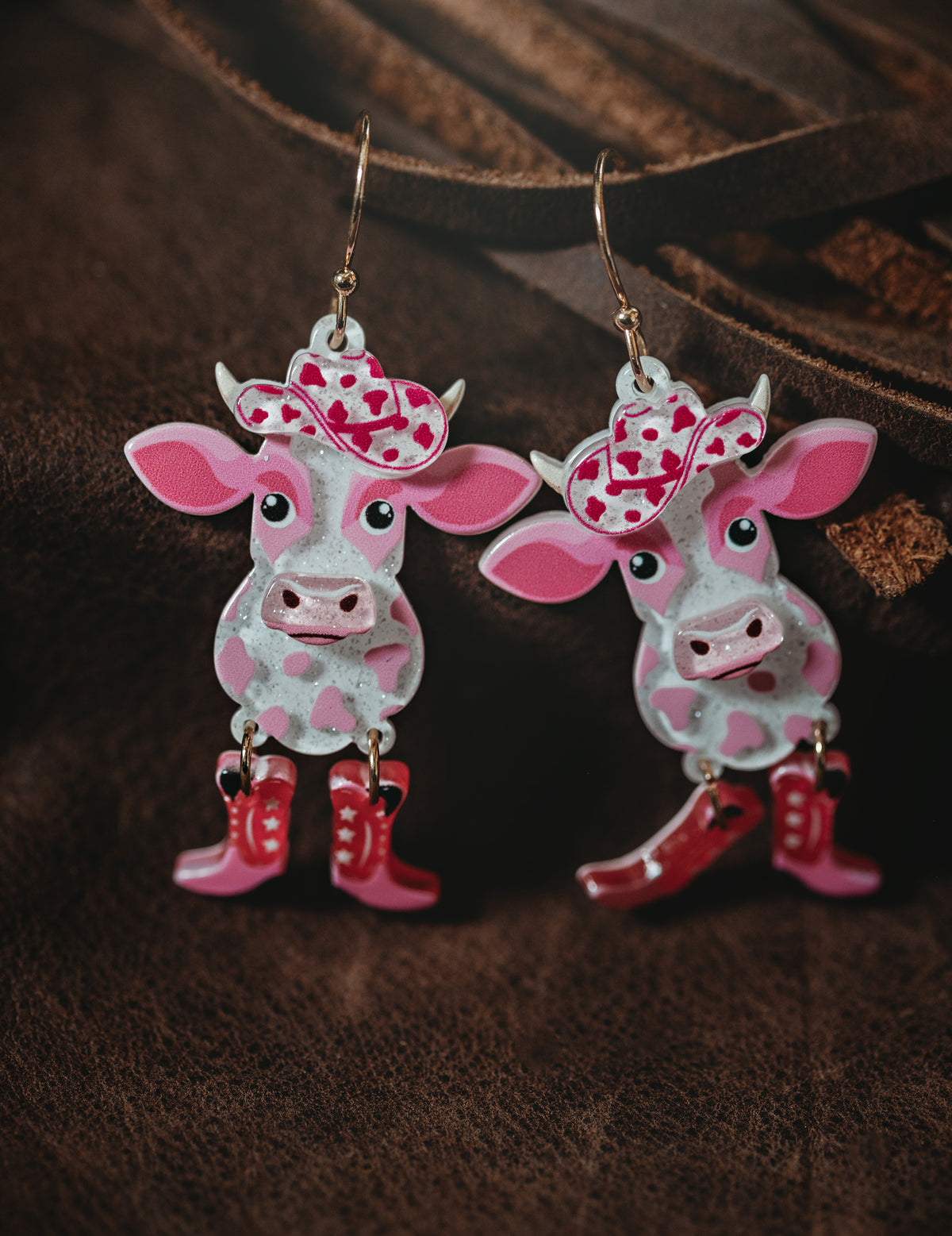 Dangle Cow Earrings - Pink