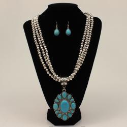 Silver Strike Necklace and Earring Set Triple Strand Beaded Turquoise Pendant