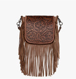 Montana West Genuine Leather Tooled Collection Fringe Brown