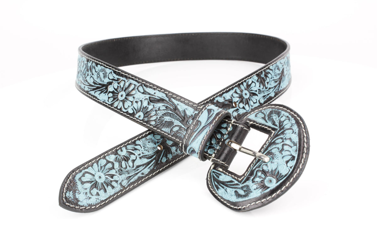 Tooled Leather Belt with Turquoise Floral