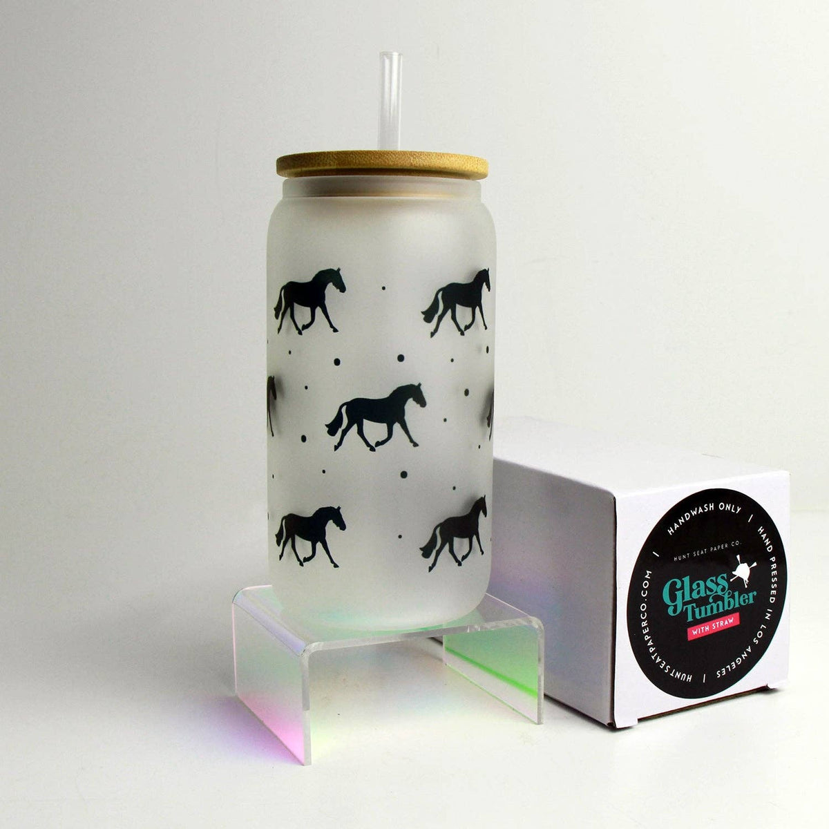 Hunt Seat Paper Co. - Trotting Horse Glass Tumbler with Bamboo Lid and Straw