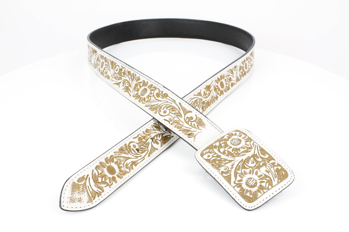 Western Tooled Leather Belt in White and Brown