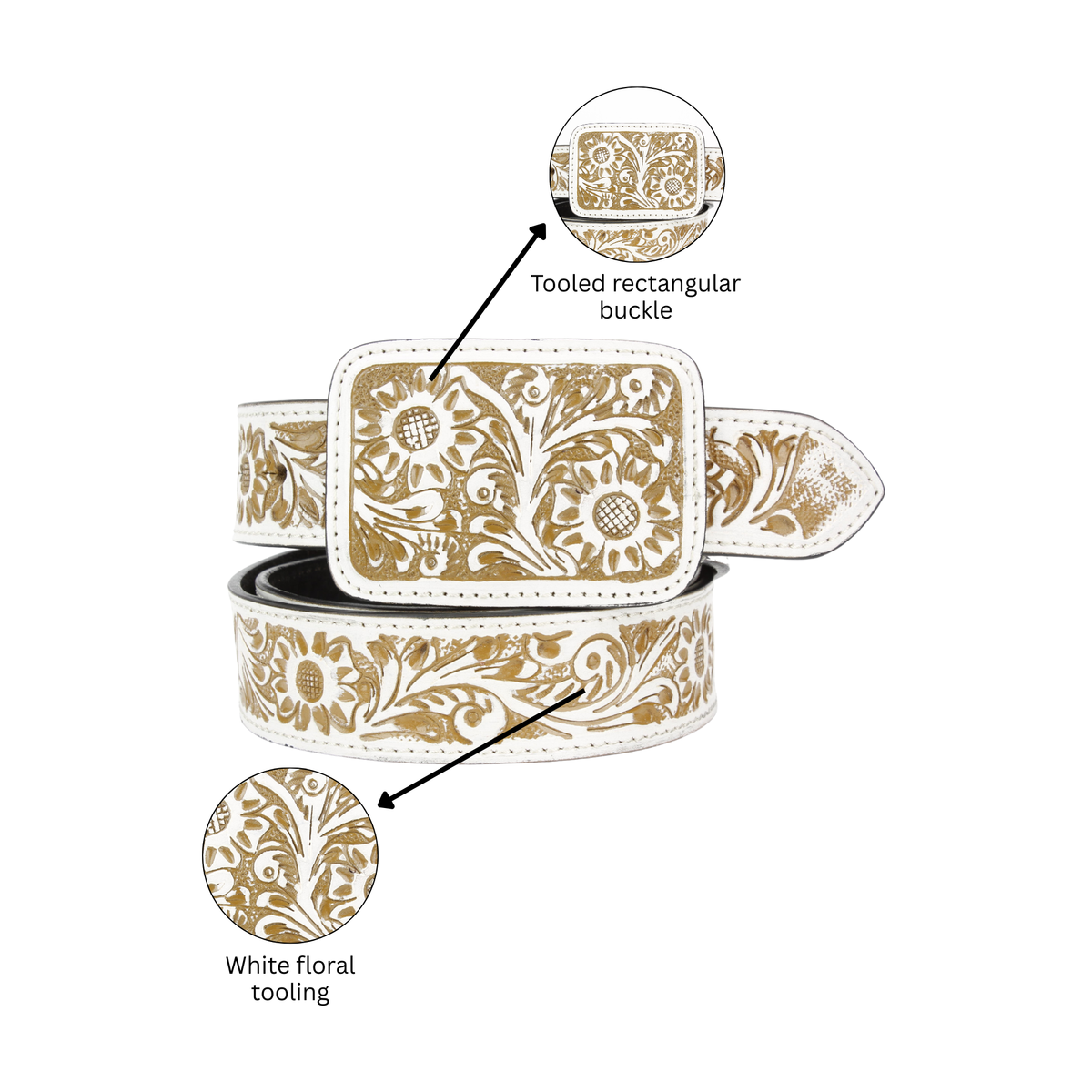 Western Tooled Leather Belt in White and Brown