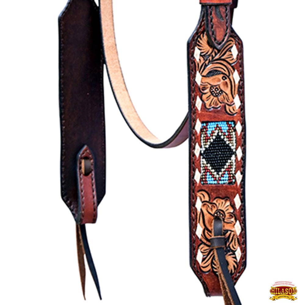 HILASON - Hilason Horse Floral Hand Carved American Leather Breast Collar Headstall W/ Beaded Work Brown