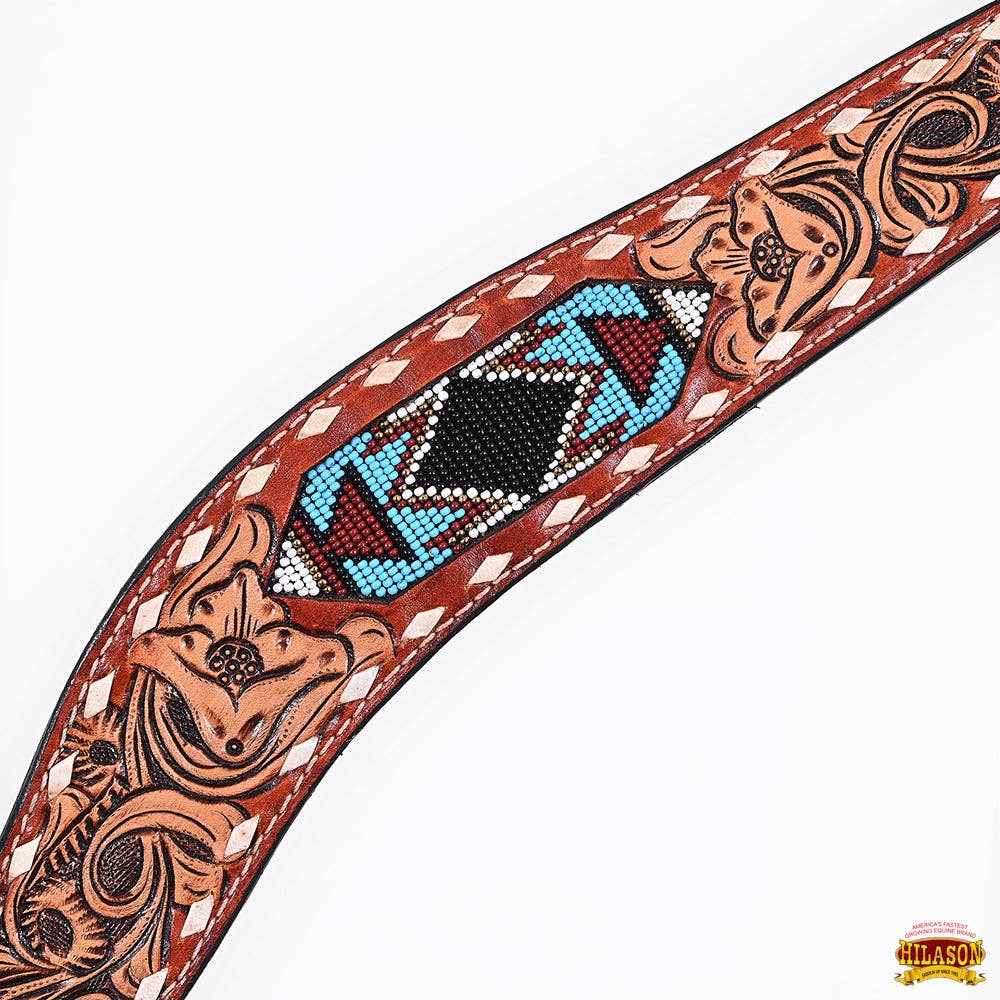 HILASON - Hilason Horse Floral Hand Carved American Leather Breast Collar Headstall W/ Beaded Work Brown