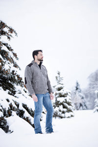 Lost Horizons Knitwear- Oxford Full-Zip Wool Sweater with Faux-Suede Trim