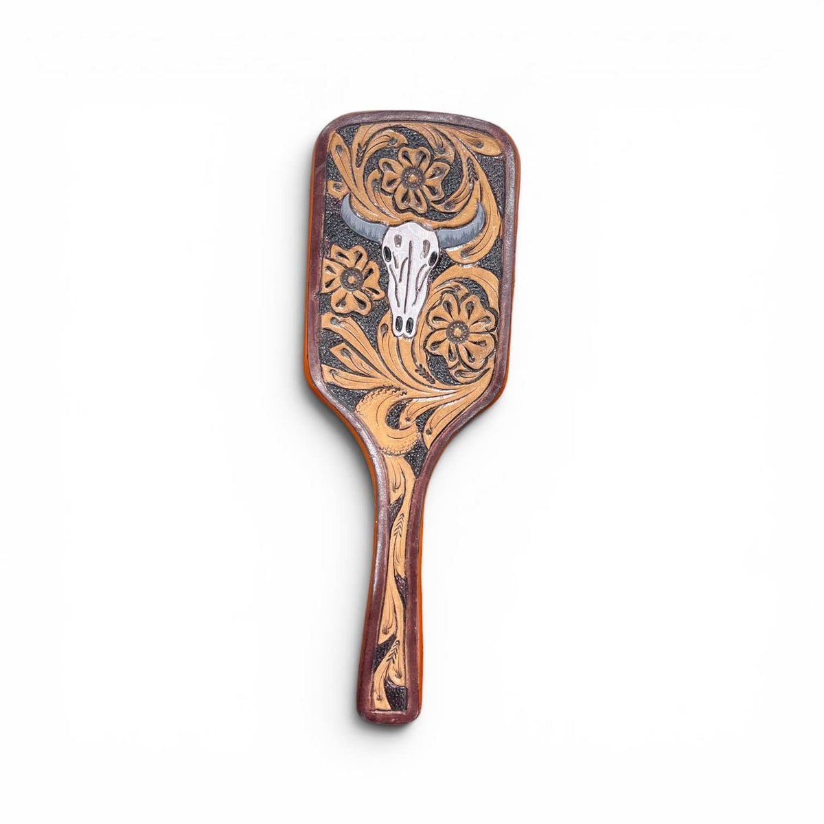 Western Linens - Skull tooled leather hairbrush 