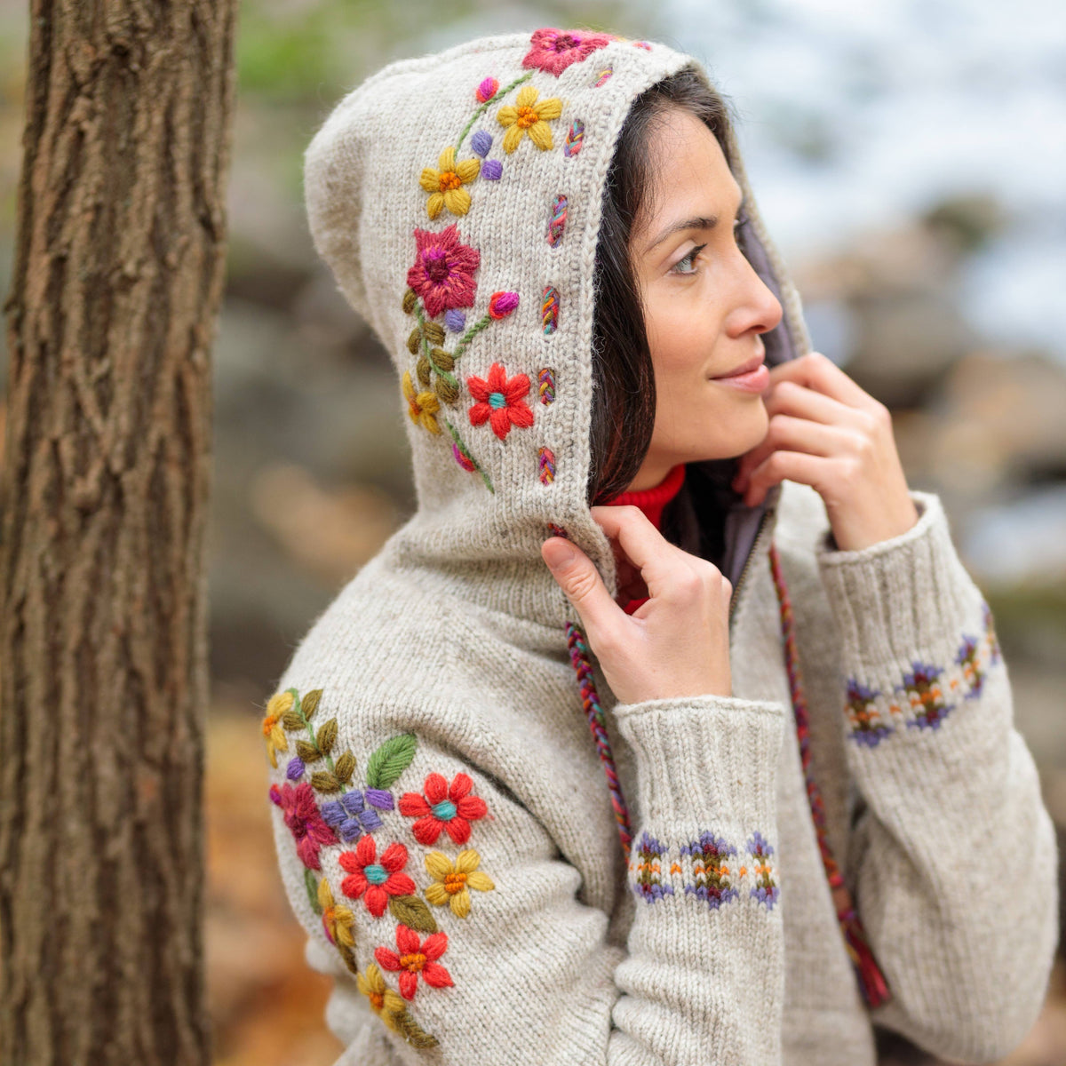 Lost Horizons Knitwear -Wildflower Wool Zip Hoodie Sweater – Embroidered