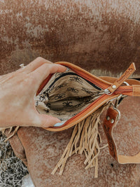 Texas Western Cowhide Bags and More - Stockdale Checkered Cowhide Fringe Purse, Brown & White