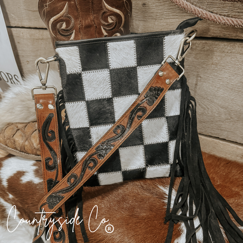 Texas Western Cowhide Bags and More - Stockyard Checkered Cowhide Fringe Purse, Black & White