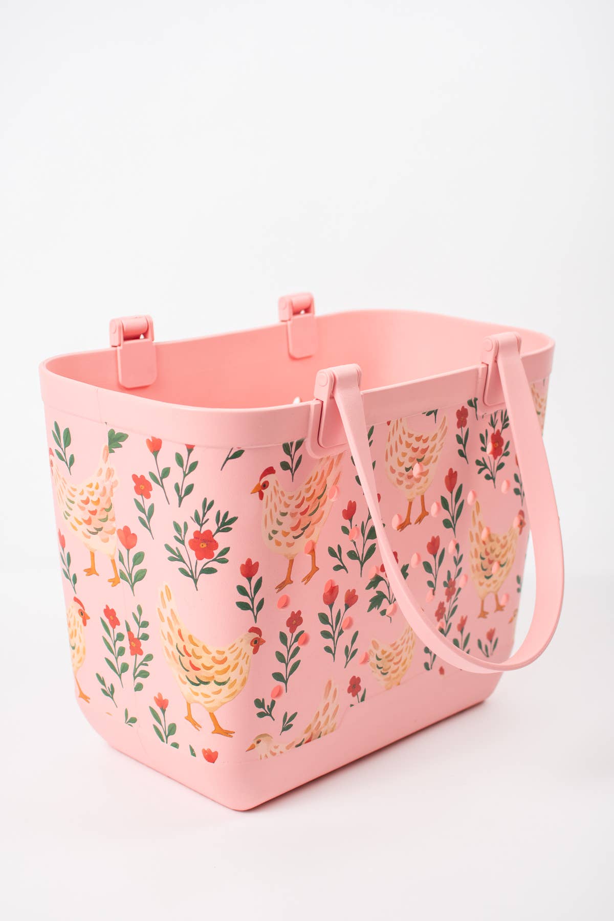 American Farm Company - Pink Chickens & Blooms Rubber Beach Tote Bag -  Large