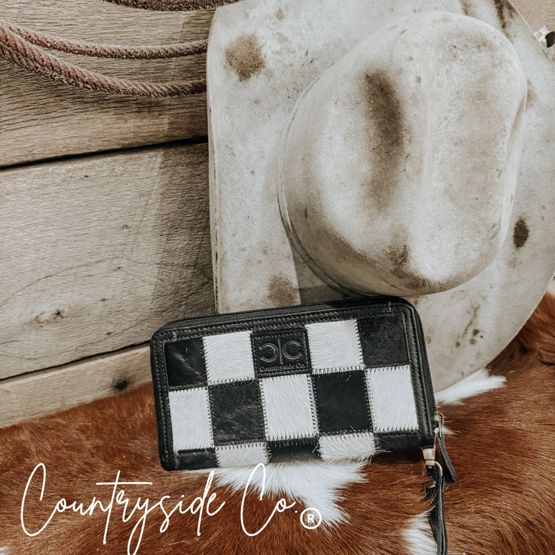 Texas Western Cowhide Bags and More - Checkered Cowhide Womens Wallet Wristlet Trendy