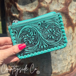 Texas Western Cowhide Bags and More - Tooled Leather Pouch, Bag Organizer,Turquoise, Pink or Brown