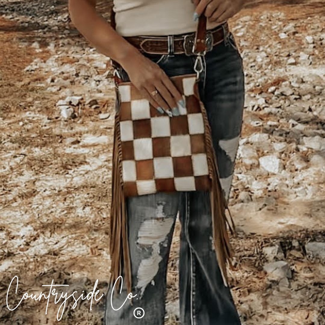 Texas Western Cowhide Bags and More - Stockdale Checkered Cowhide Fringe Purse, Brown & White