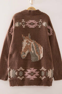 VERY J - Western Horse Intarsia Knit Cardigan