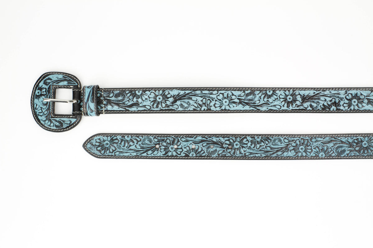 Tooled Leather Belt with Turquoise Floral