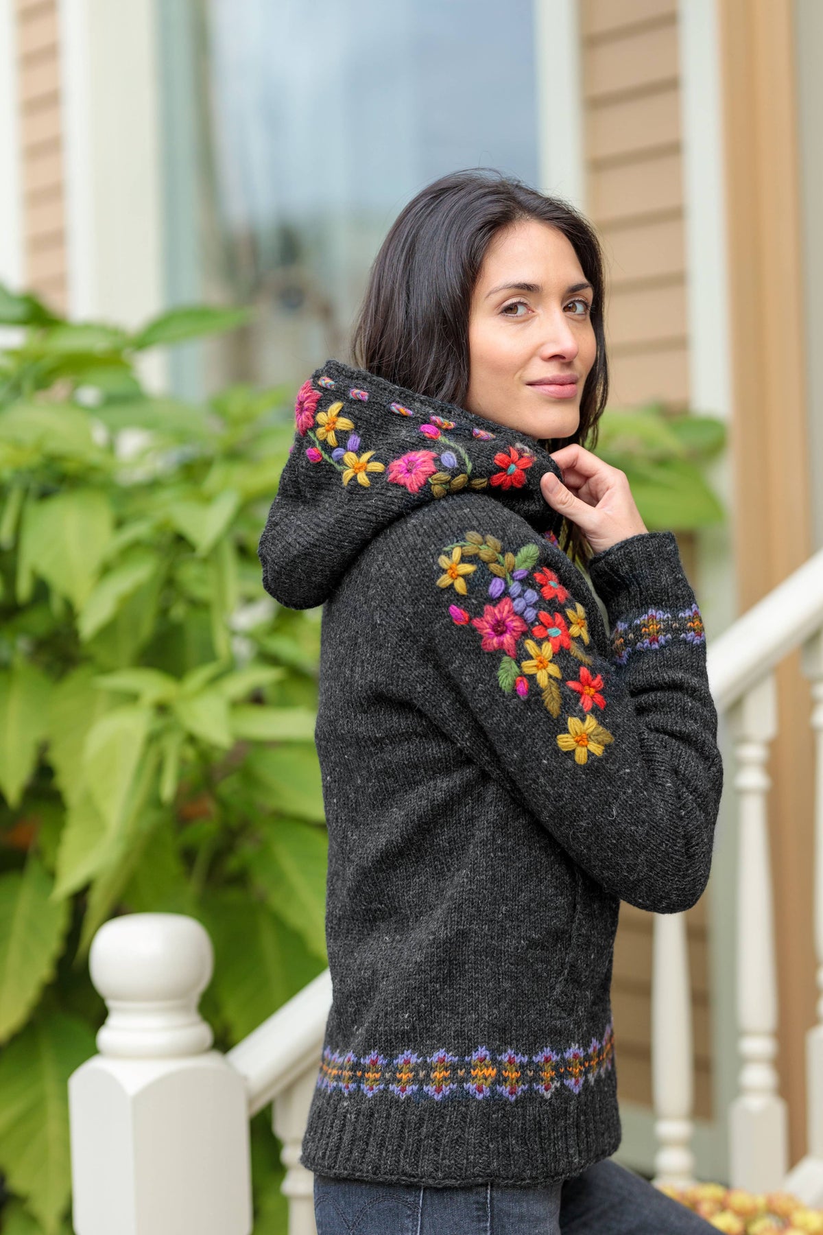 Lost Horizons Knitwear -Wildflower Wool Zip Hoodie Sweater – Embroidered
