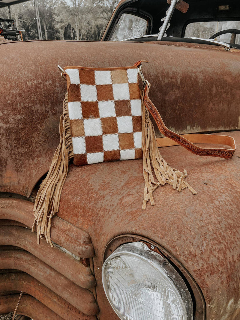 Texas Western Cowhide Bags and More - Stockdale Checkered Cowhide Fringe Purse, Brown & White