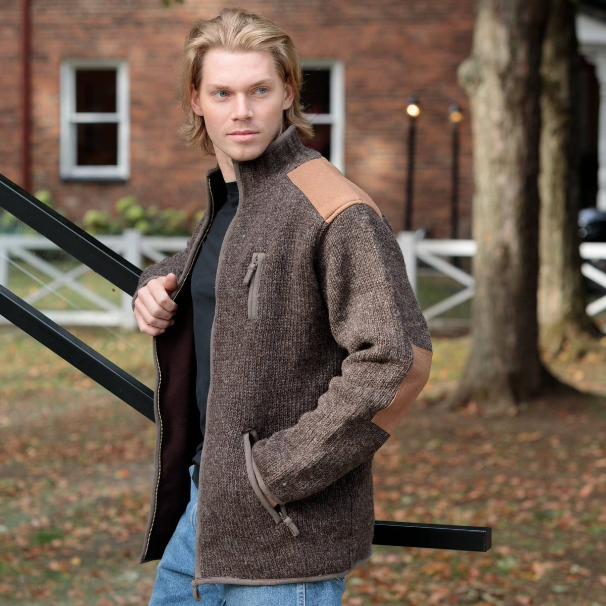 Lost Horizons Knitwear- Oxford Full-Zip Wool Sweater with Faux-Suede Trim