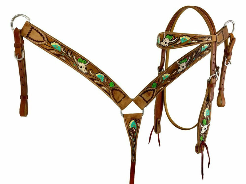 Showman ® Hand Painted Skull, Flower and Cactus Headstall and Breast Collar Set