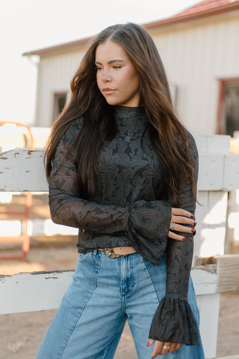 Sterling Kreek Tooled in Black Mesh Top