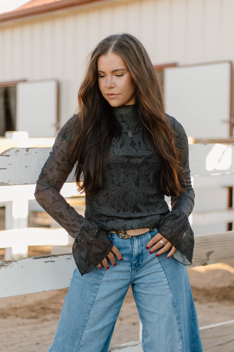 Sterling Kreek Tooled in Black Mesh Top