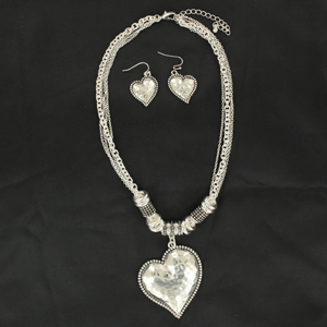 Silver Hammered Heart Necklace and Earring Jewelry Set