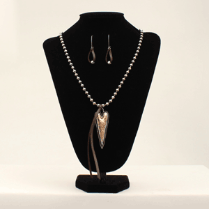Blazin Roxx Beaded Leather Tassel Heart Necklace & Beaded Leather Earring Set