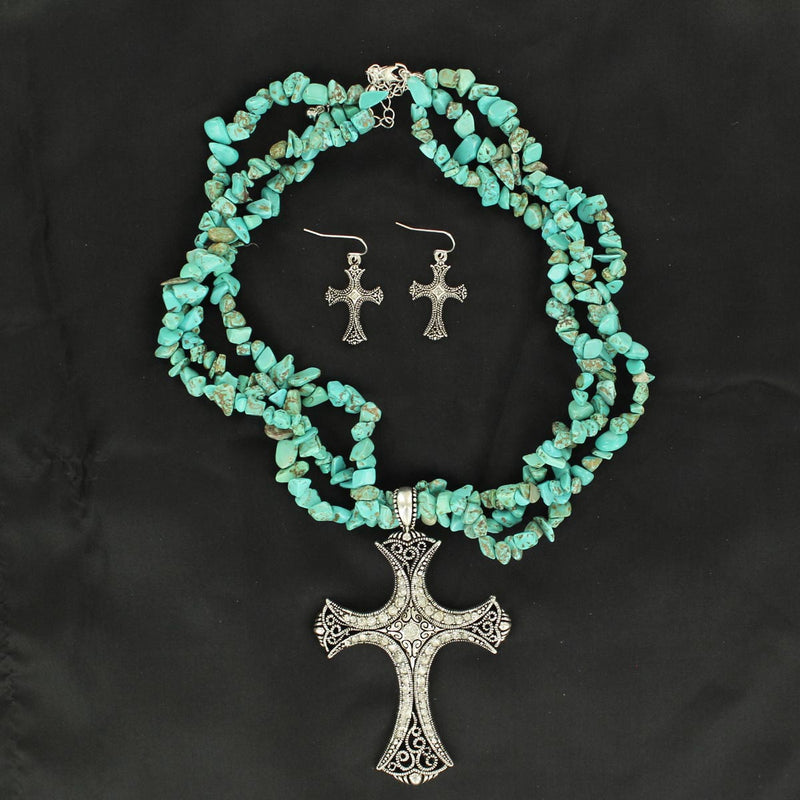 Blazin Roxx Turquoise Necklace with Cross Pendant and Cross Earrings Set