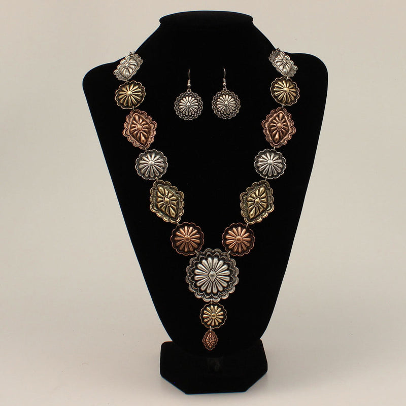 Silver Strike Gold/Silver/Copper Flower Concho Necklace and Earring Set