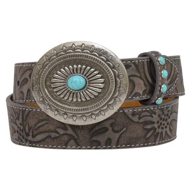 Angel Ranch Brown Distressed Floral Turquoise Studs Ladies Belt