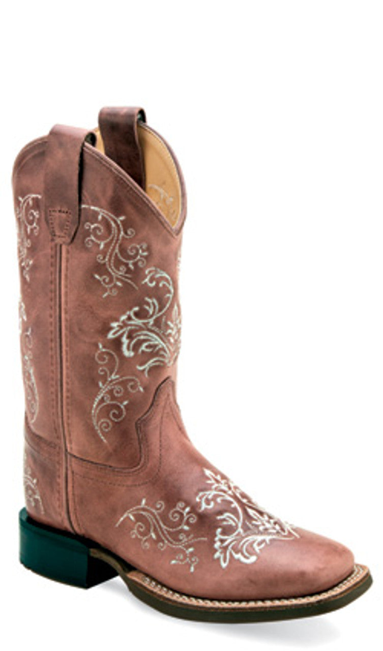 Old West - Kids Sq Toe Embroidered Rose Boot