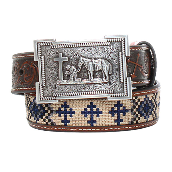 Aztec Embroidery with Navy and Square Belt Buckle Western Brown Belt
