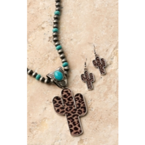Silver Strike Silver and Turquoise Beads with Leopard Cactus Pendant Necklace and Earrings Jewelry Set