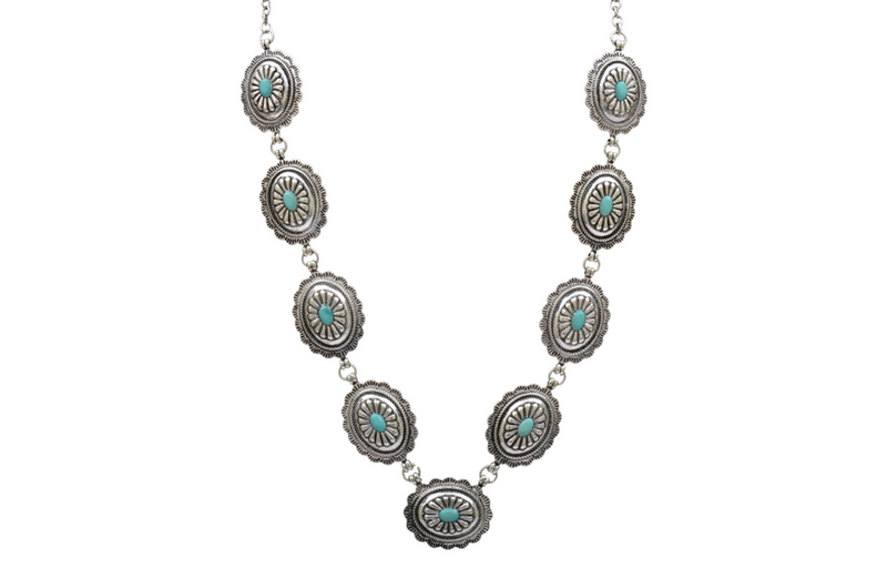 Silver Strike Antique Silver Concho Necklace with Turquoise