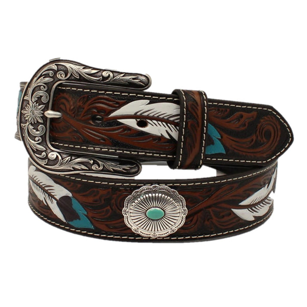 Ariat Women's Brown with Feather Tooling and Turquoise Conchos Western Belt